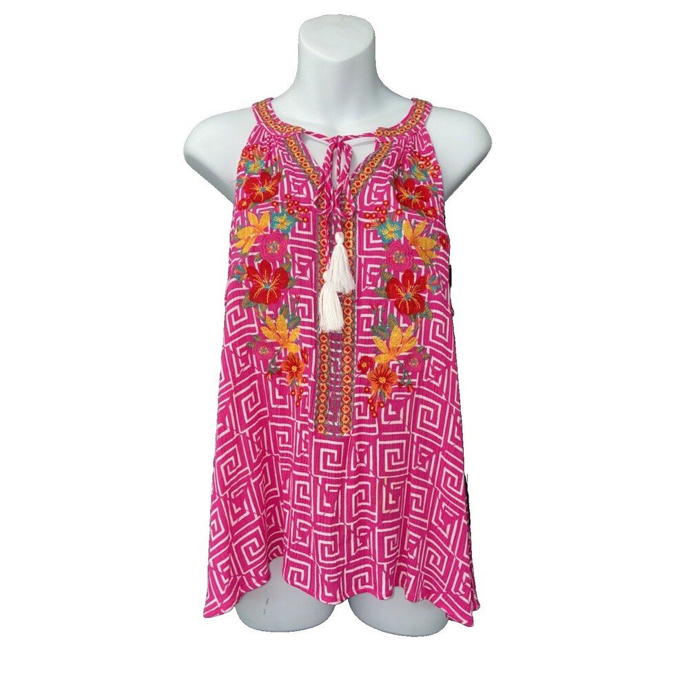 Savanna Jane Embroidered Floral Babydoll Tank Top Small Pink Multi Hippie Boho